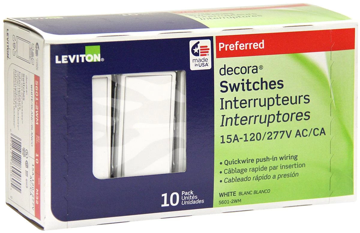Leviton Decora Rocker Light Switches - White (10-Pack) 4 Leviton Decora Rocker Light Switches - White (10-Pack) - Image 2