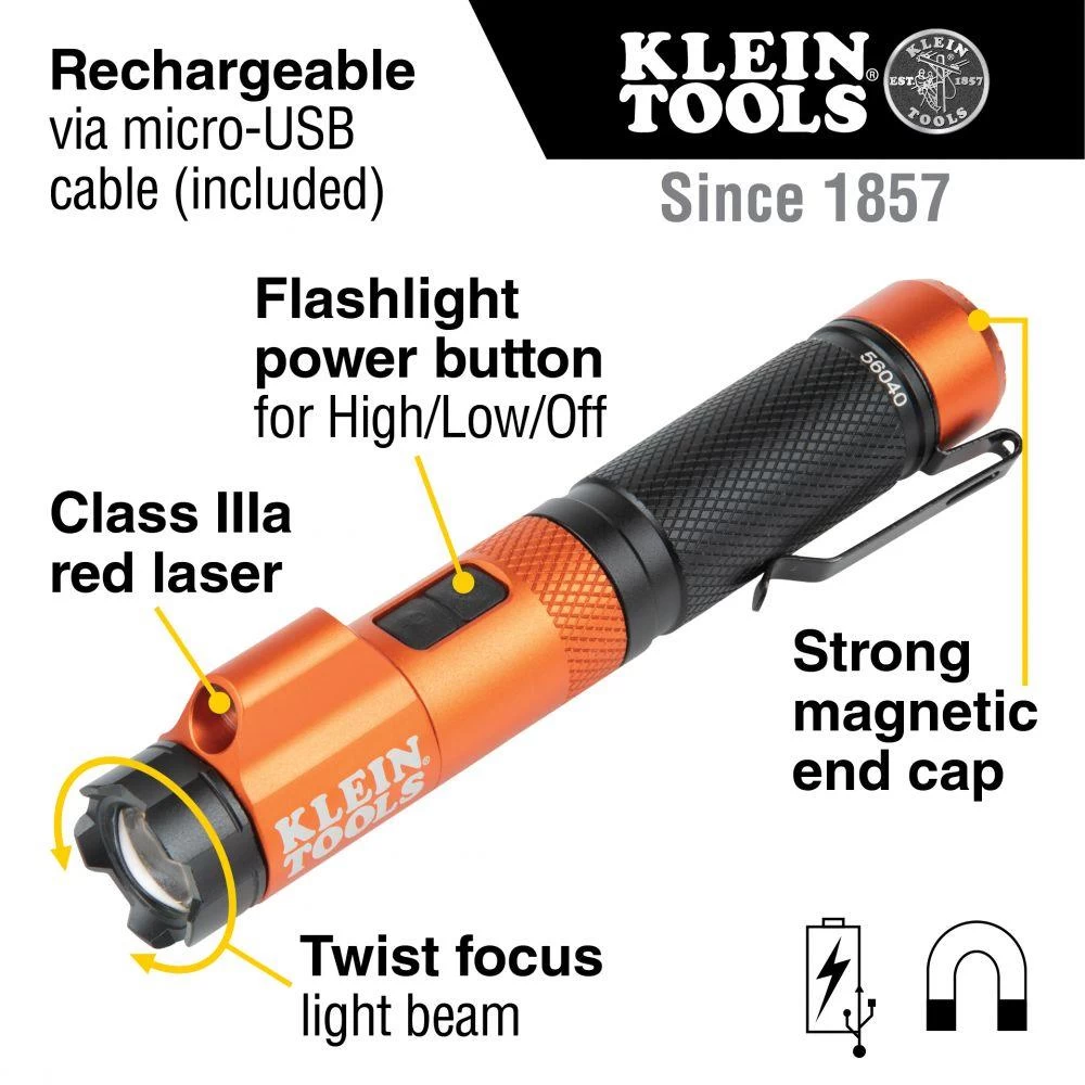Klein Tools Rechargeable Focus Flashlight With Laser, Model 56040 4 Klein Tools Rechargeable Focus Flashlight With Laser, Model 56040 - Image 2