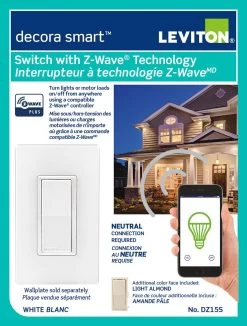 Leviton Decora Smart Switch With Z-Wave Technology, Model DZ15S752
