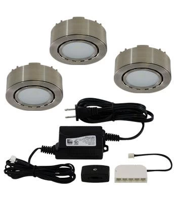 Liteline LED 3-Puck Matte Nickel Light Kit, Model UCP-LED3-MN 3 Liteline LED 3-Puck Matte Nickel Light Kit, Model UCP-LED3-MN
